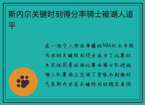 斯内尔关键时刻得分率骑士被湖人追平